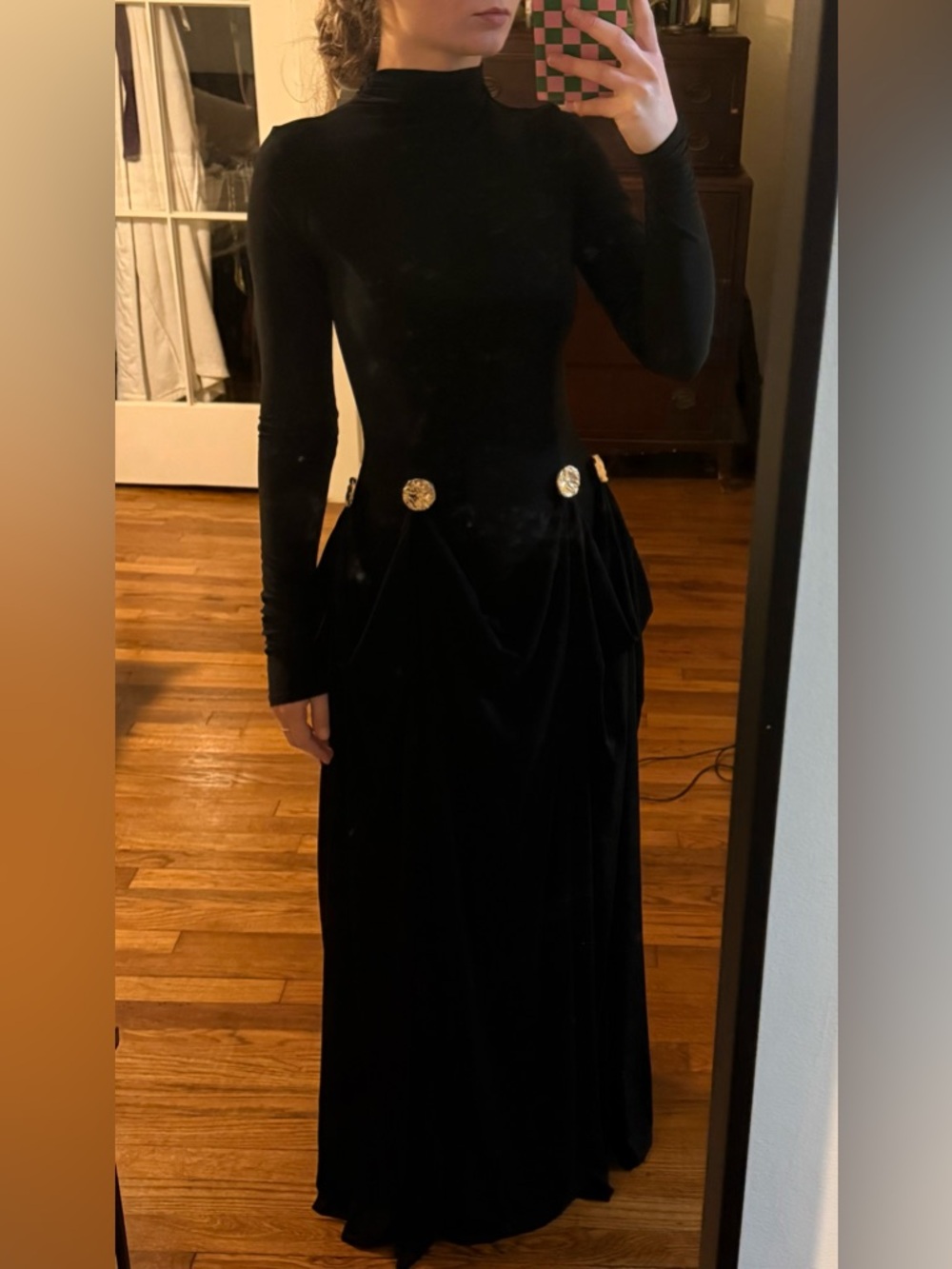 Black Long Sleeve modest Maxi Dress with draped gold buttons - Picture 2 of 3